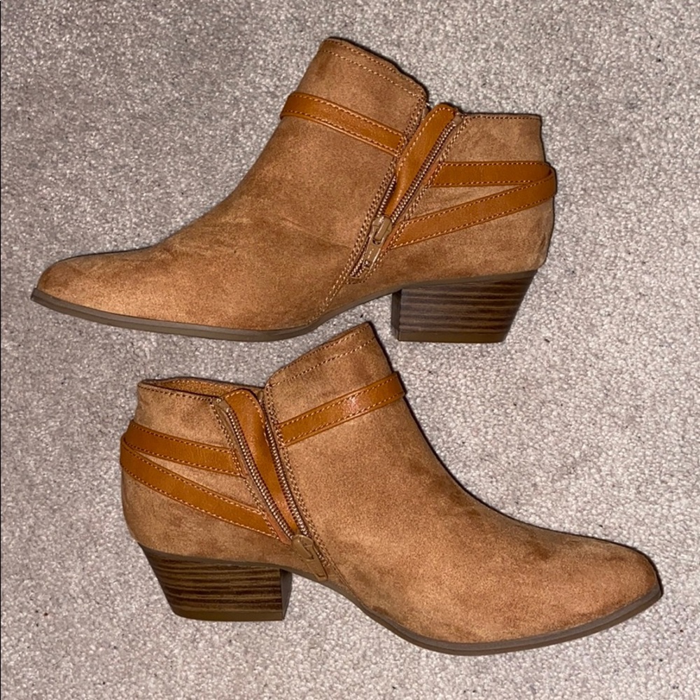Women's Tan Suede Ankle Booties with Stacked Heel